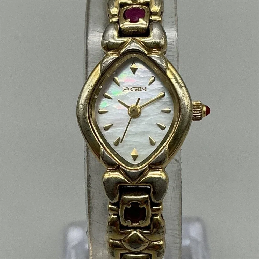 Elgin Ruby Womens Watch 17mm MOP Dial Gold Tone Bracelet New Battery 7.5
